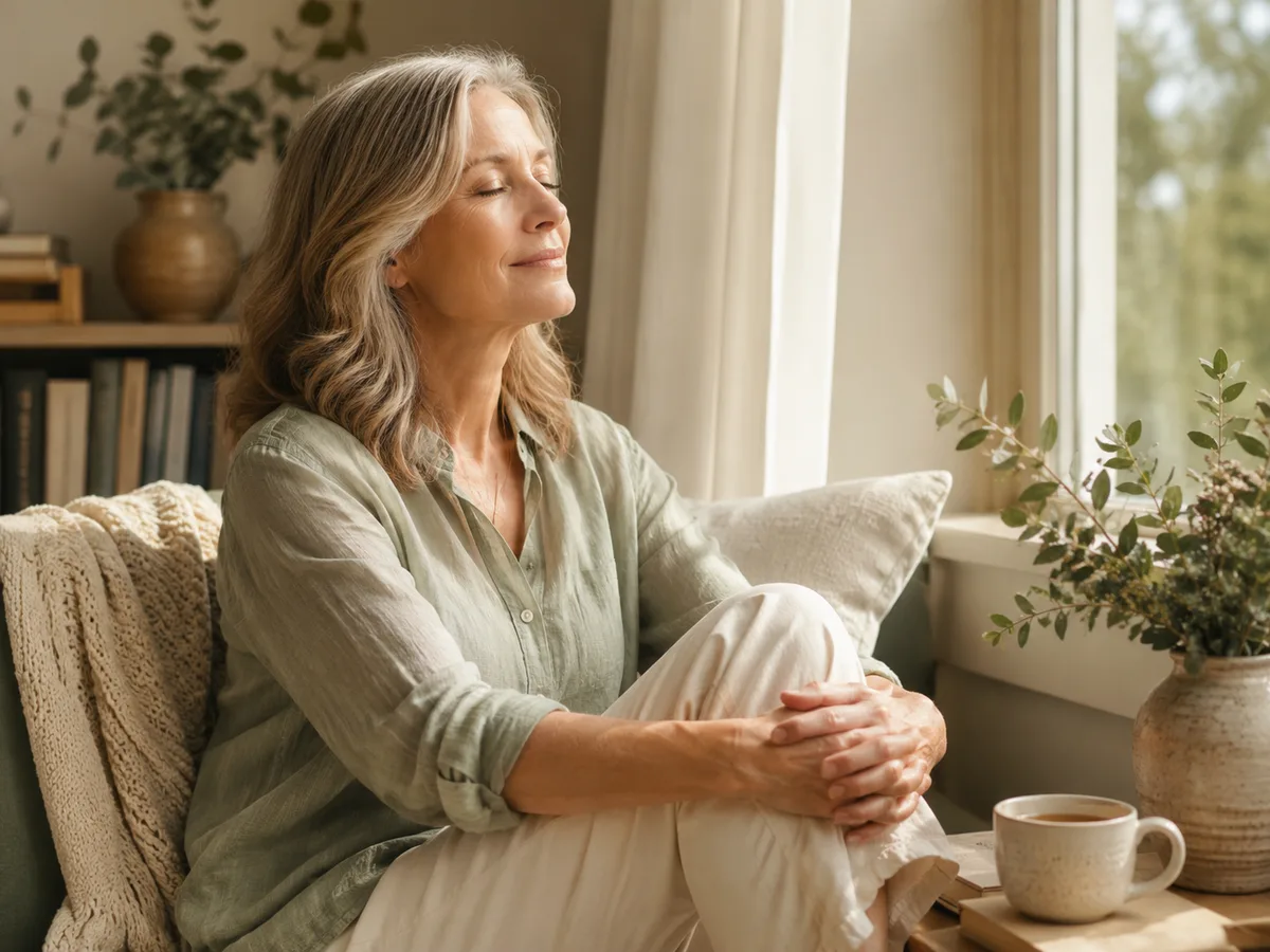 A calm moment of slow breathing or quiet time by a window, suggesting a simple stress-relief practice.