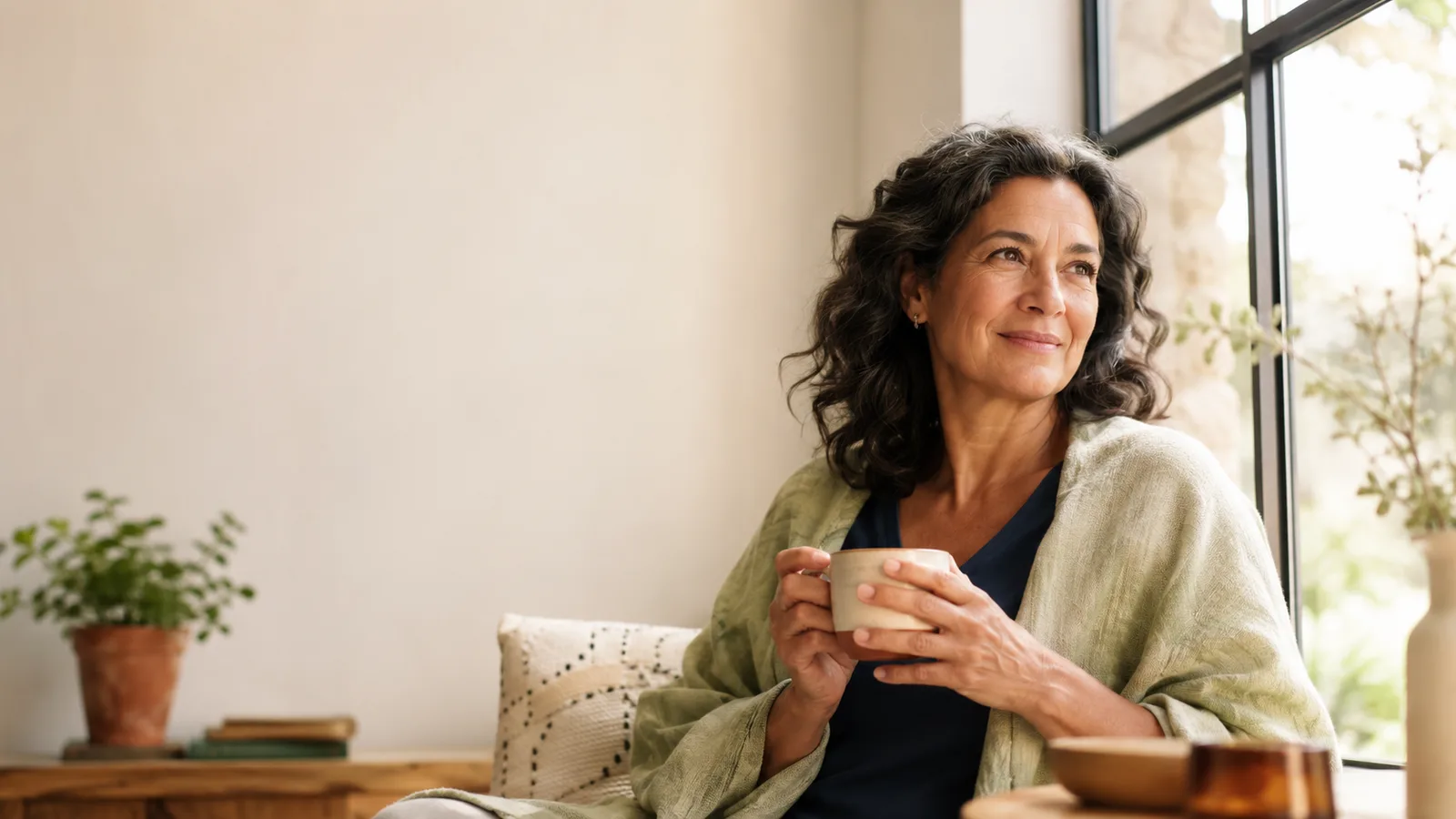 A woman in her early fifties taking a calm, grounding moment with a cup of tea near a sunlit window, looking relaxed.