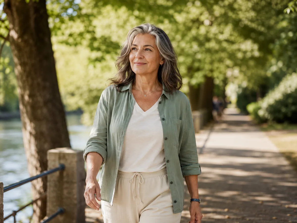 A woman over 50 taking a relaxed walk outdoors as a simple, realistic way to manage stress.