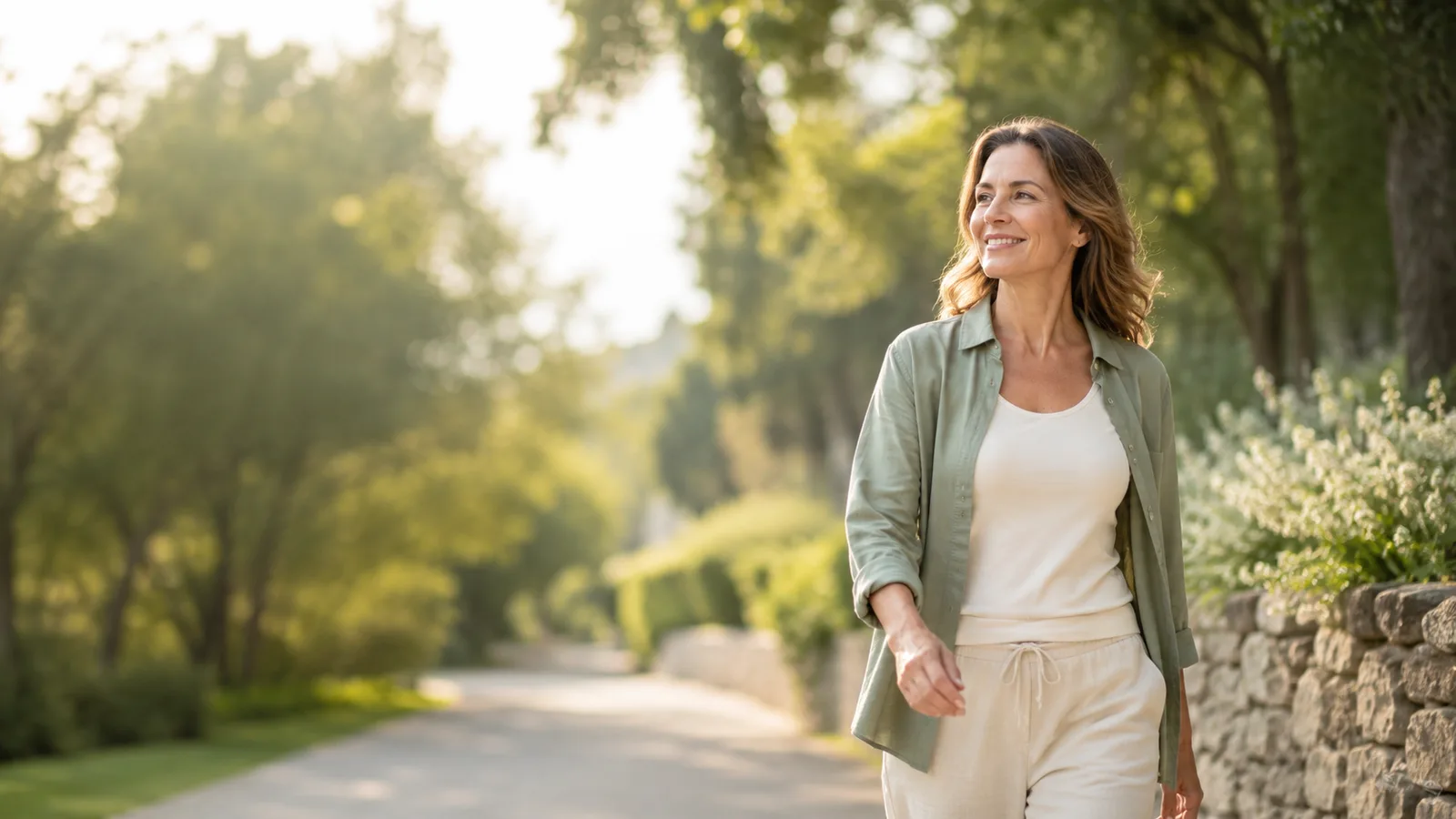 An active woman in her late forties walking outdoors in soft morning light, looking energetic and at ease.