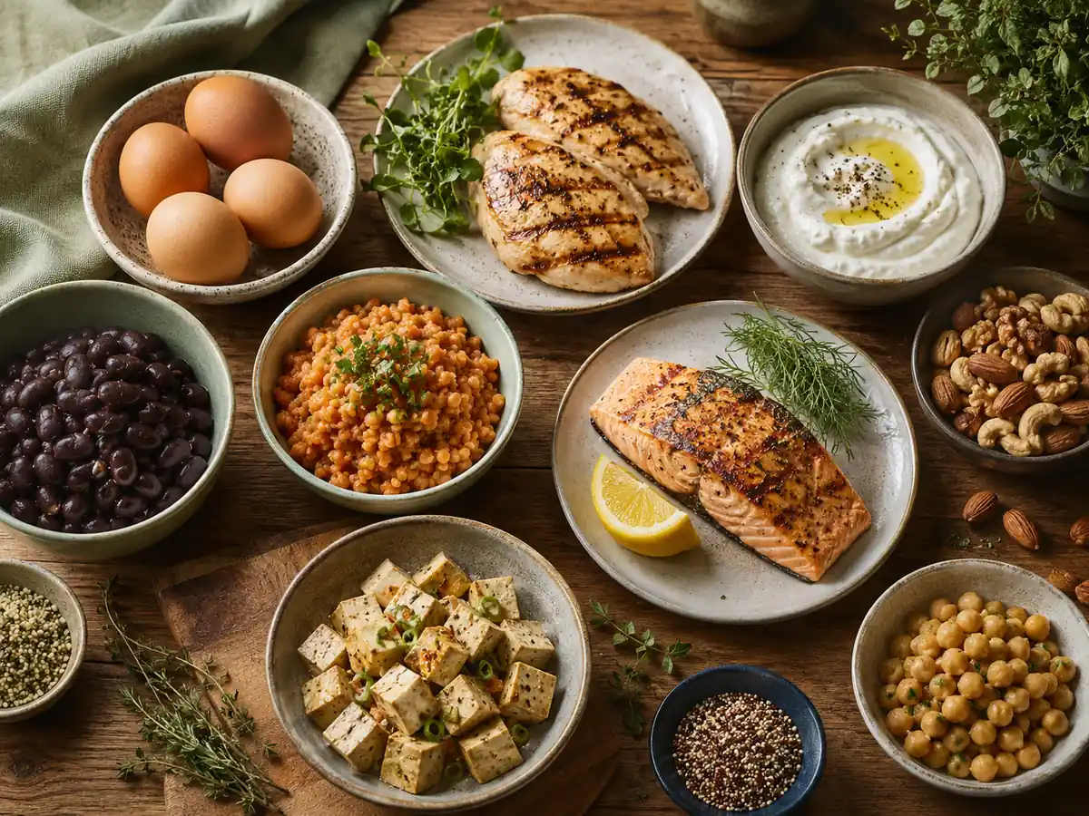A spread of whole-food protein sources including eggs, fish, Greek yogurt, beans, lentils, and tofu.