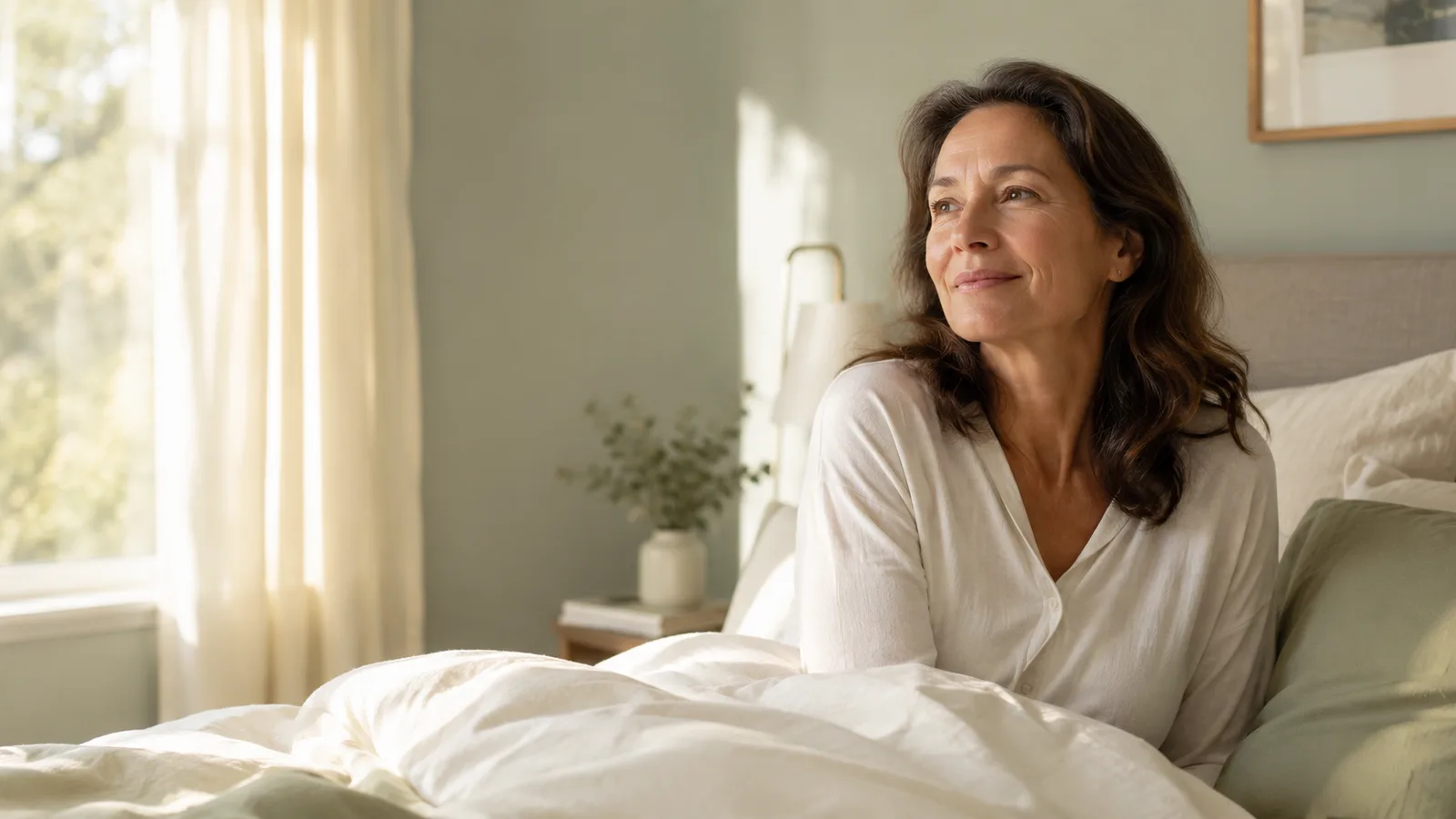 A woman in her late forties waking up rested in soft morning light, calm and refreshed.
