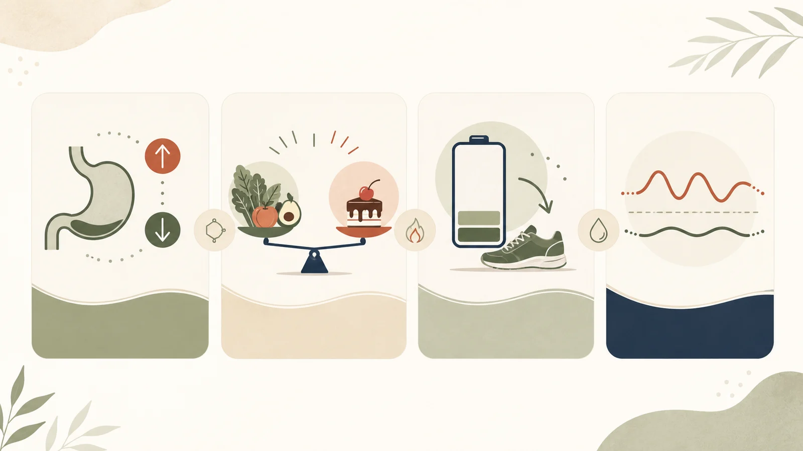 Editorial illustration of how short sleep can affect weight: appetite hormones, cravings, lower energy, and blood sugar.