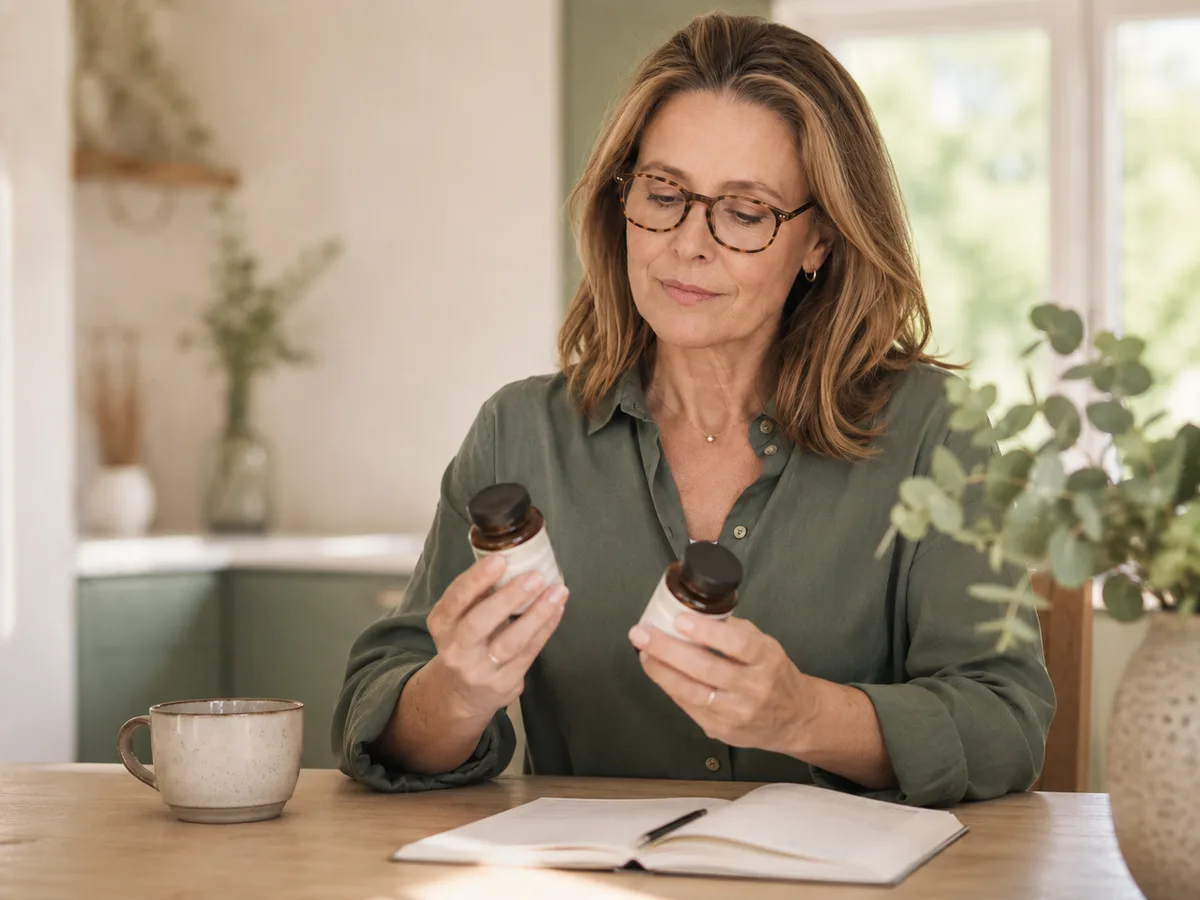 A woman over 50 at a table comparing two supplement labels with a notebook, evaluating claims carefully.