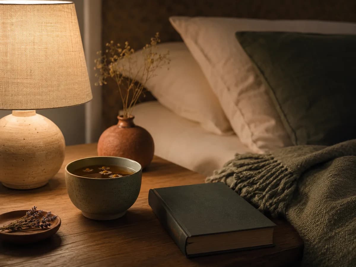 A calm evening wind-down scene with a bedside lamp, herbal tea, and a book, suggesting a consistent sleep routine.
