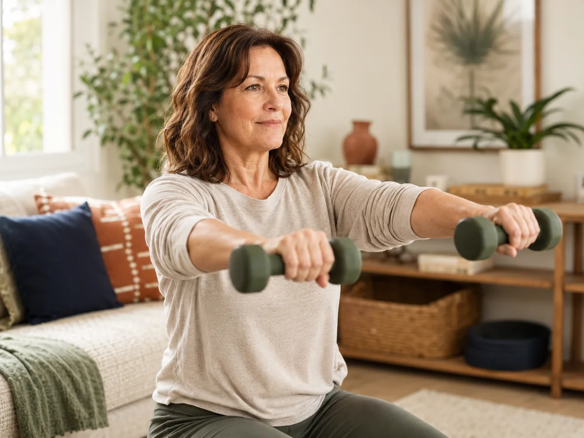 A woman over 40 doing light dumbbell strength exercises at home in comfortable clothing.
