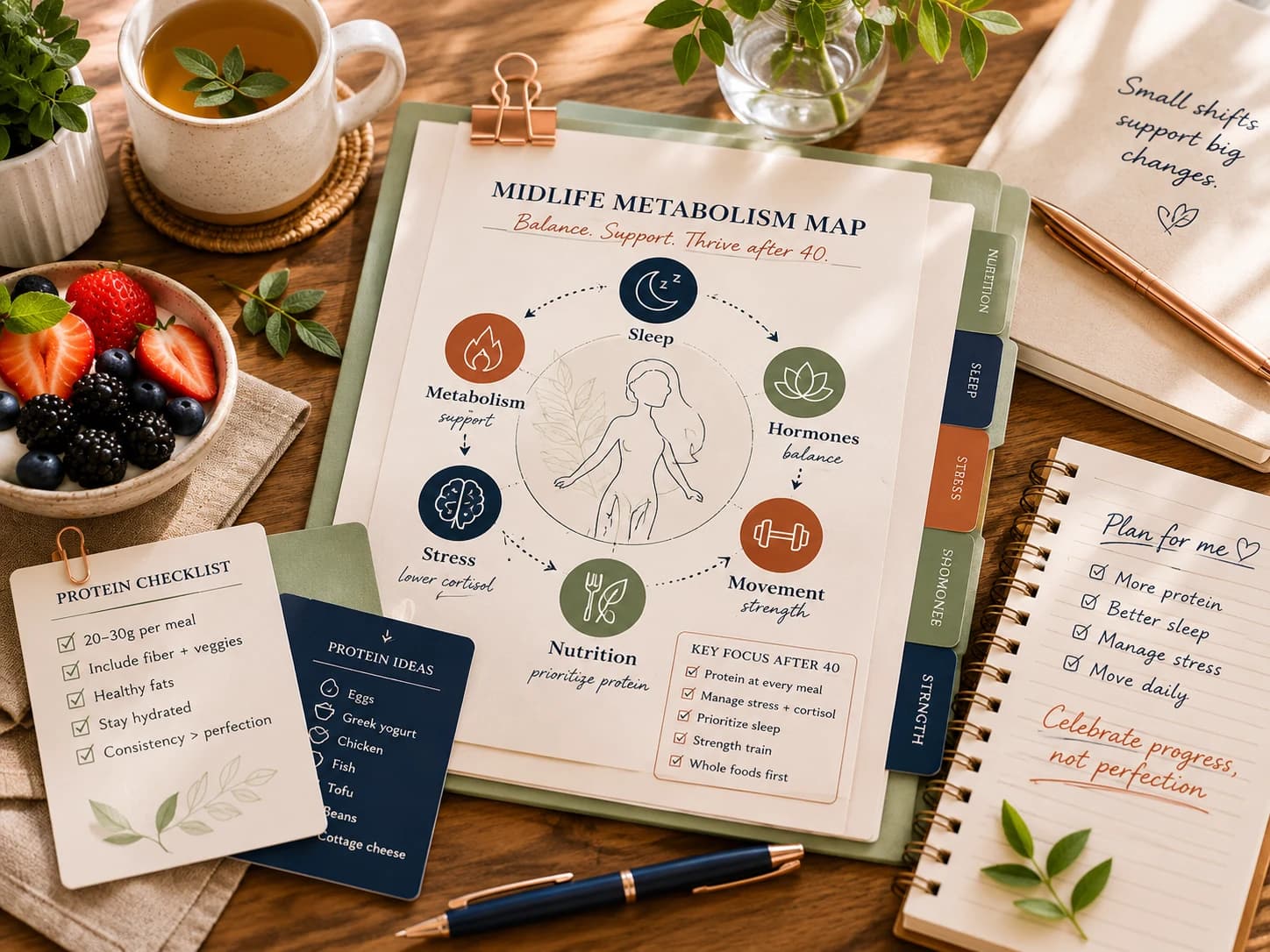 Editorial midlife metabolism map showing sleep, hormones, stress, nutrition, movement, and protein guidance.