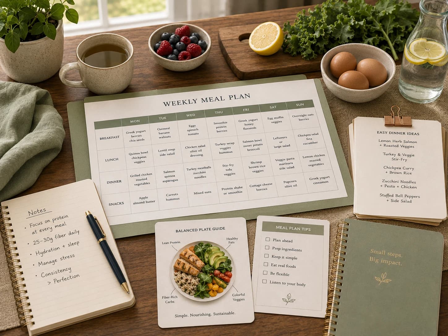 Protein-forward weekly meal plan with balanced plate guide and simple whole-food ingredients.