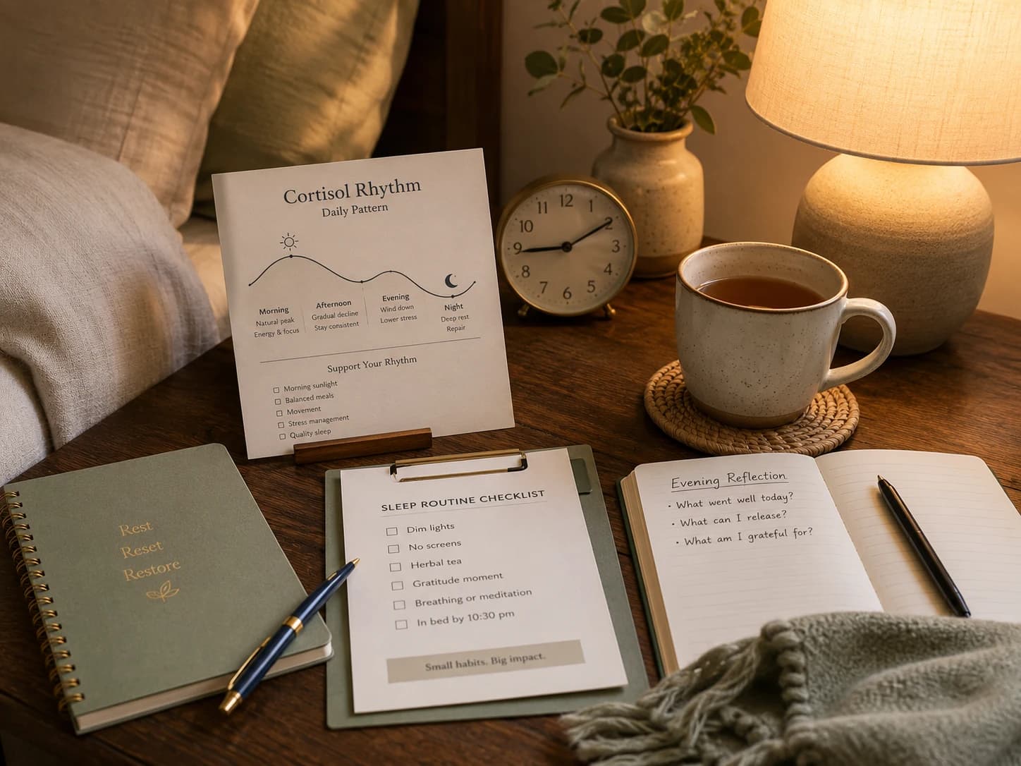 Calm bedside routine with cortisol rhythm card and sleep checklist.