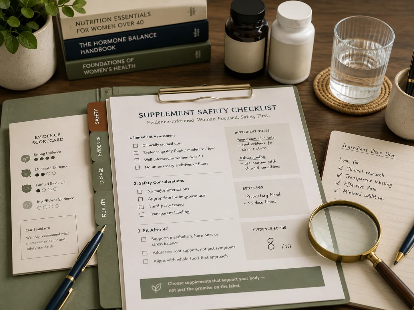 Supplement safety checklist with ingredient notes, evidence scorecard, and research materials.