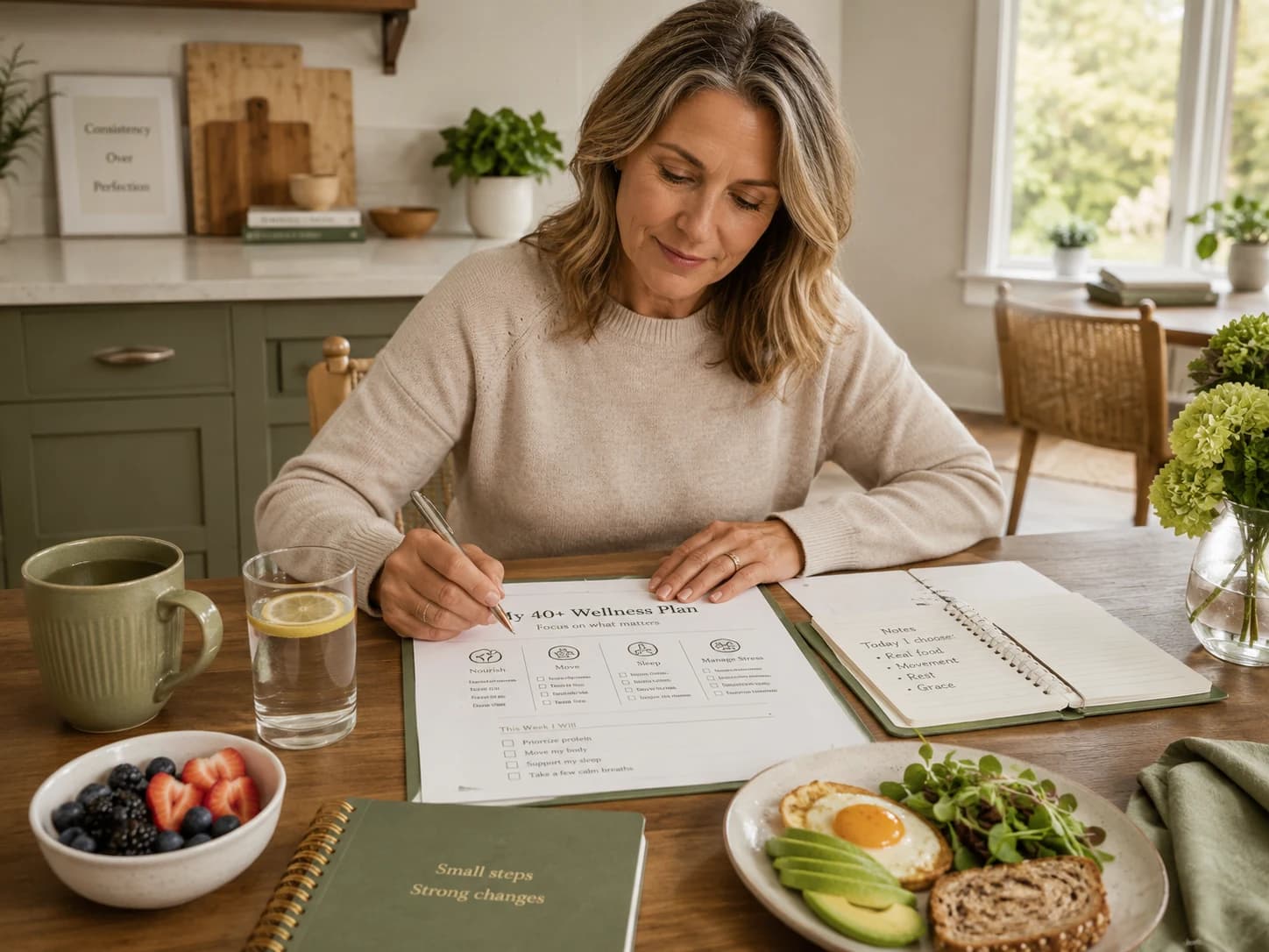 Woman over 40 writing a practical wellness plan at a calm kitchen table.
